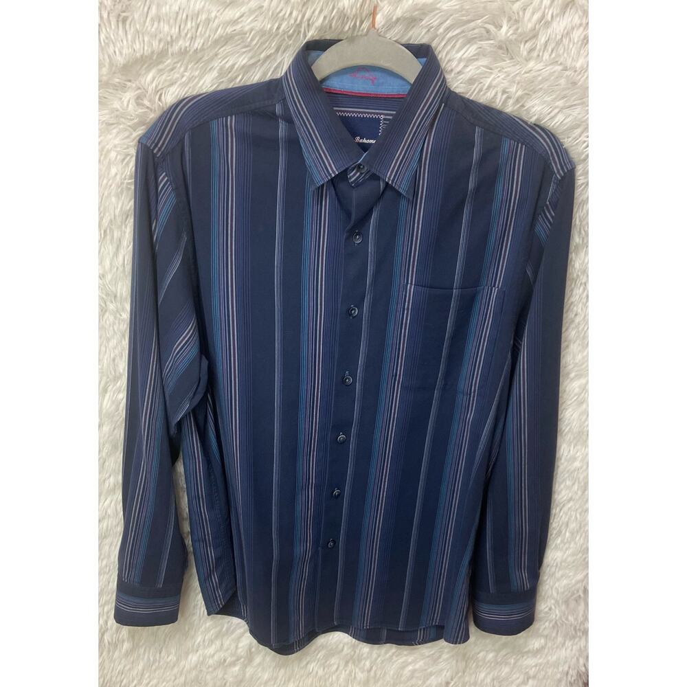 Tommy Bahama, Men’s Navy Blue/Purple Pinstripes L/S Blended, Size S
